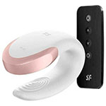 Изображение пульта управления и белого стимулятора для пар Satisfyer Double Love