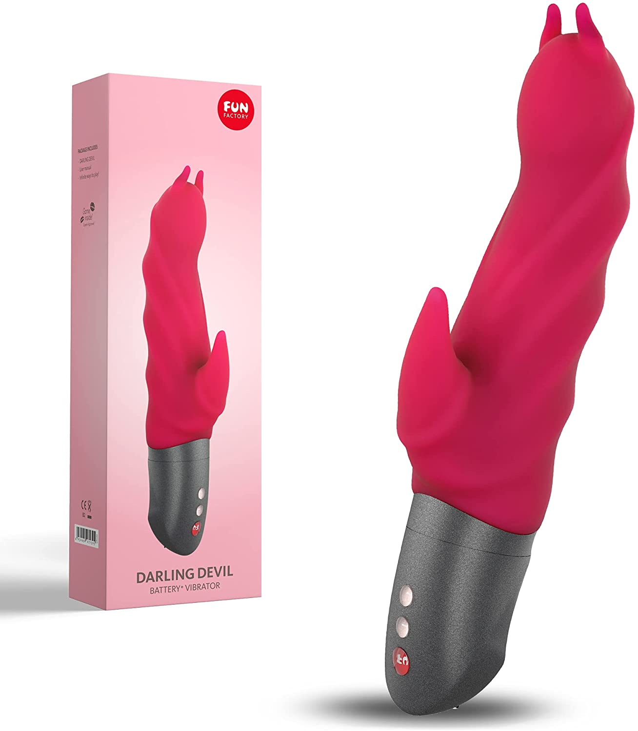 Изображение красного вибростимулятора-кролика Fun Factory Darling Devil с коробкой